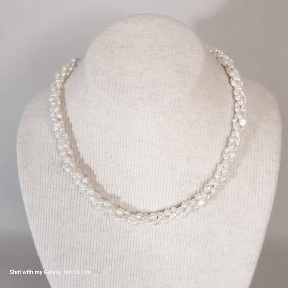 Choker Necklace Twisted Strands Faux Freshwater Pearl Beads Ornate Slide Clasp - Picture 1 of 8